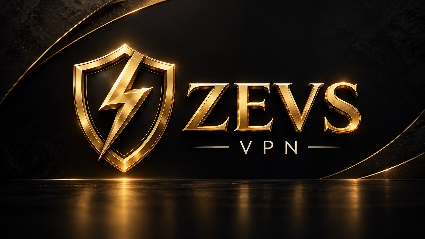ZEVS VPN. Золотой щит с молнией и объёмная золотая надпись на чёрном фоне